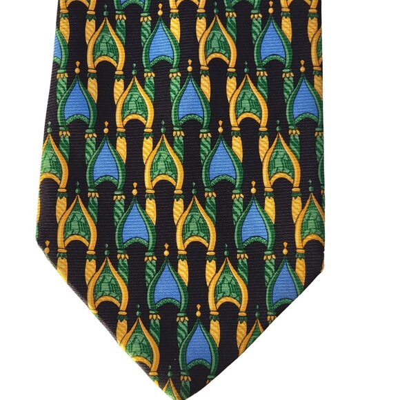 Giulio Desegis Mens Silk Dress Tie Temple Synagogue Graphic Print Blue Green - Picture 1 of 5